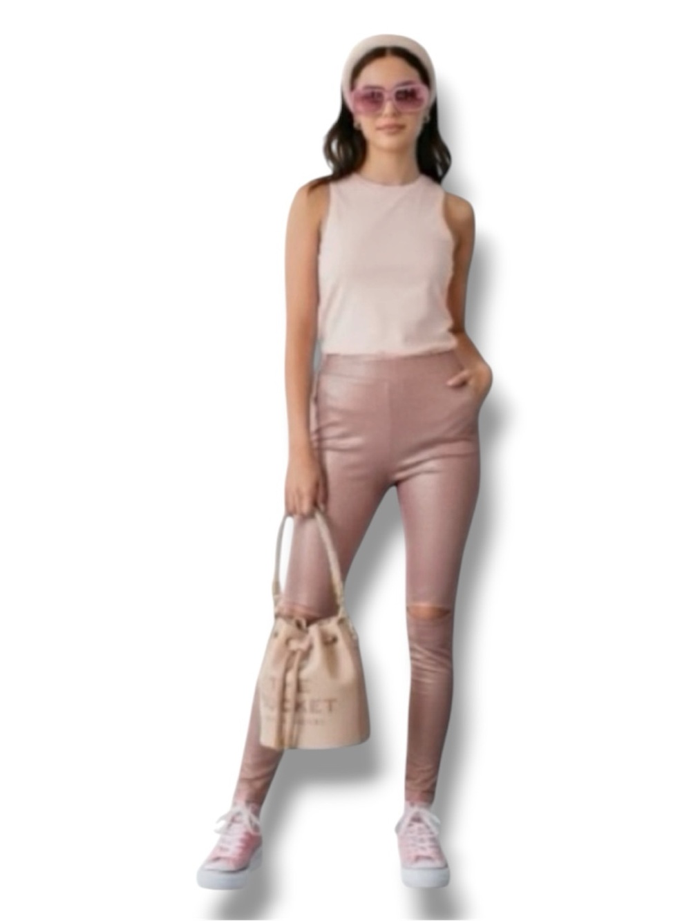 Black Bead Y2K Blush Pink Cutout Knee Leggings High Rise Yoga Pants L